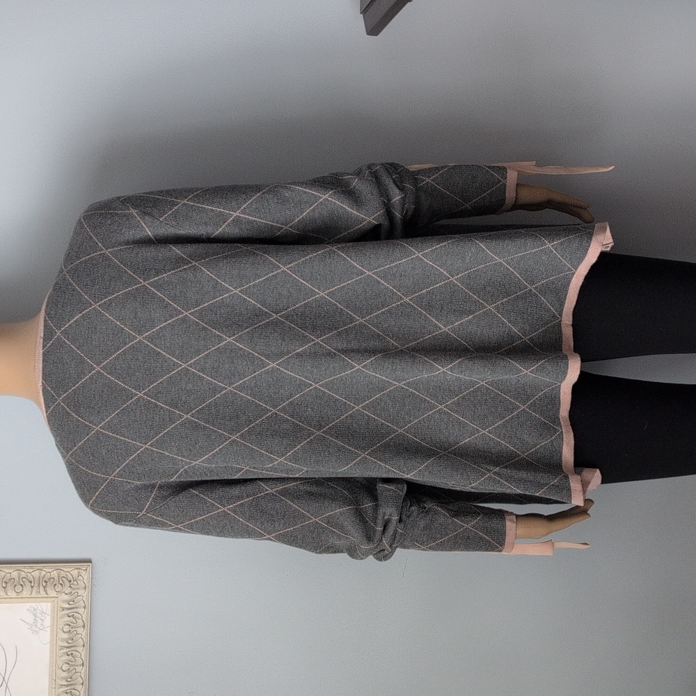 Women's Gray Argyle Open Cardigan with Pink Trim - Picture 8 of 12
